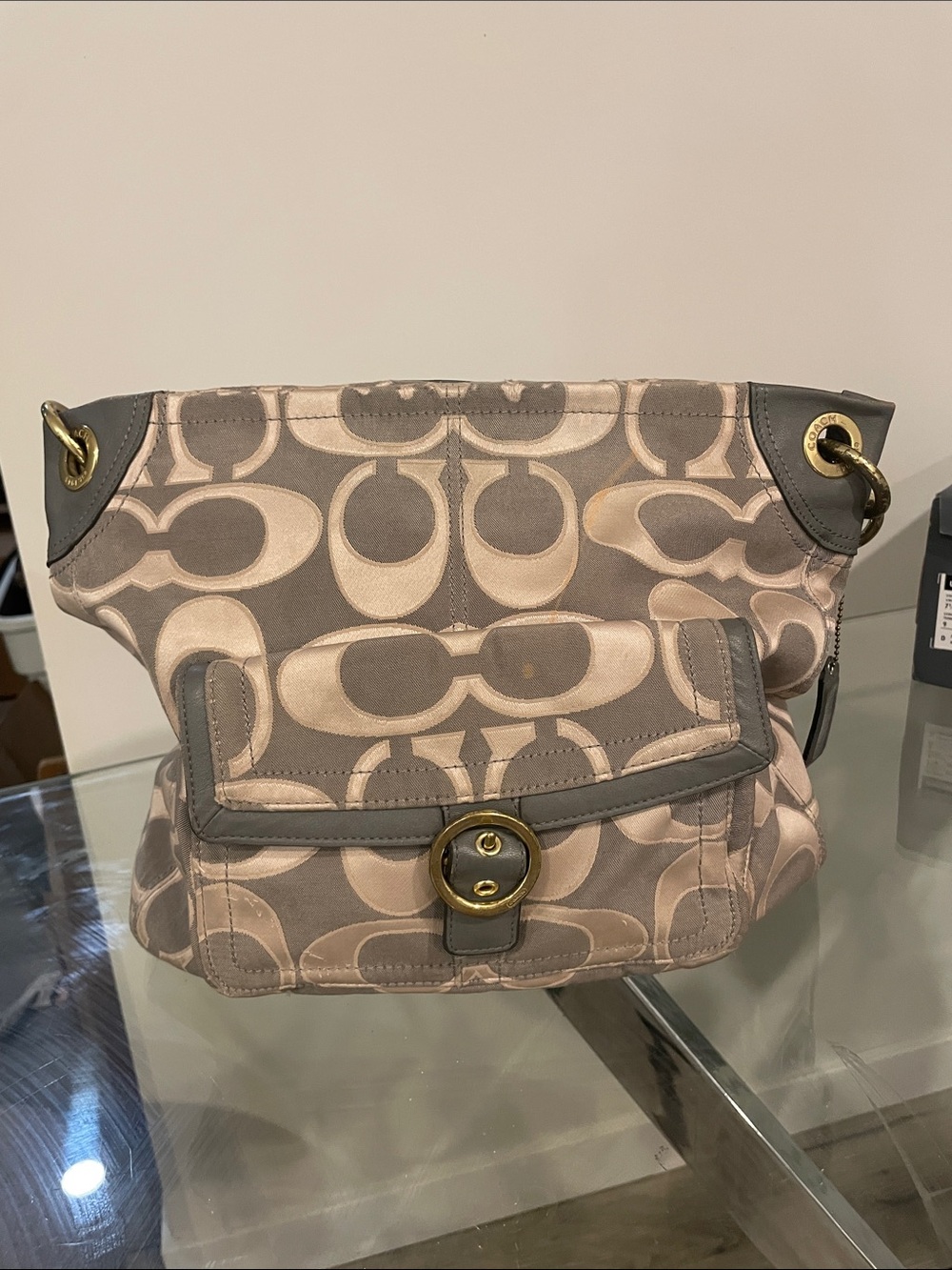 Coach Signature Shoulder Bag in Taupe and Pale Pink